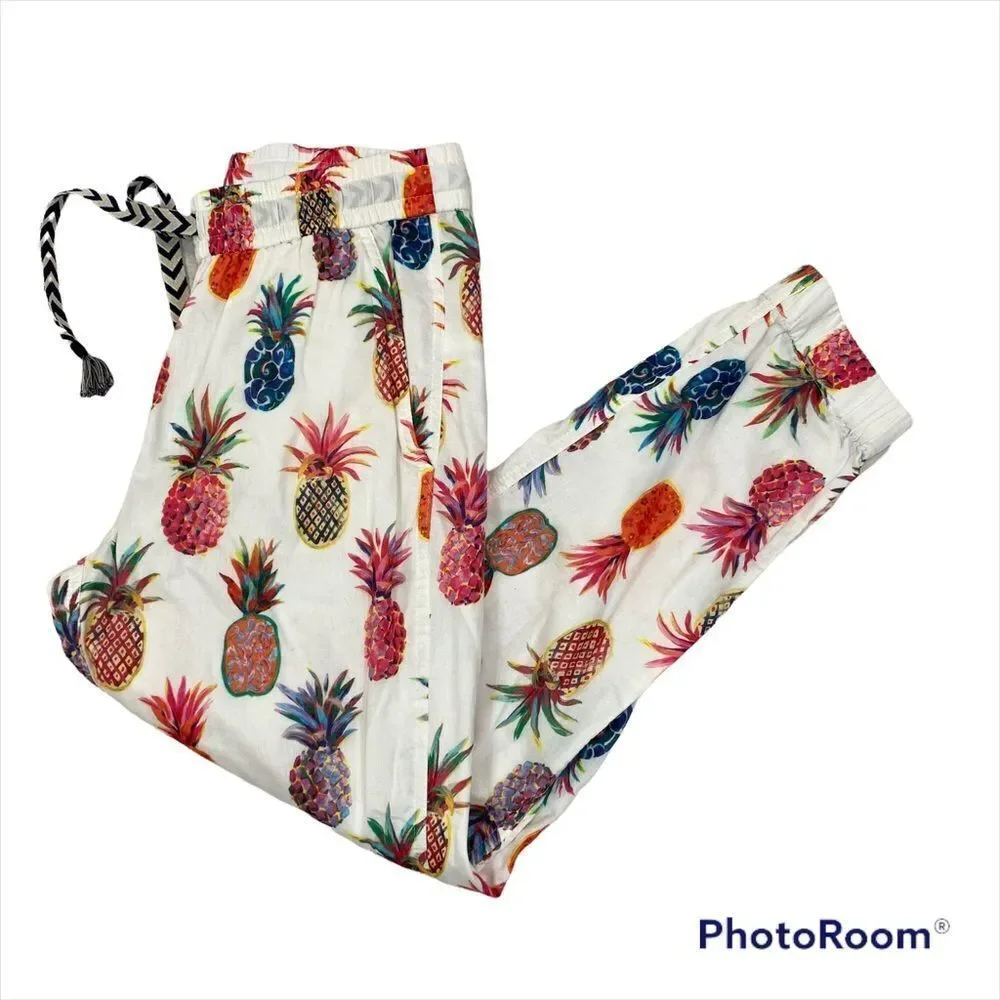 WOMEN'S J CREW SEASIDE PULL ON PANTS IN‎ WHITE RATTI PAINTED PINEAPPLES Size 0